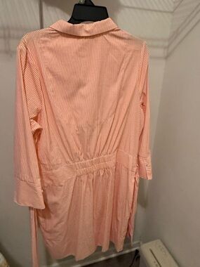 Gretchen Scott orange striped long sleeve dress with tie belt.